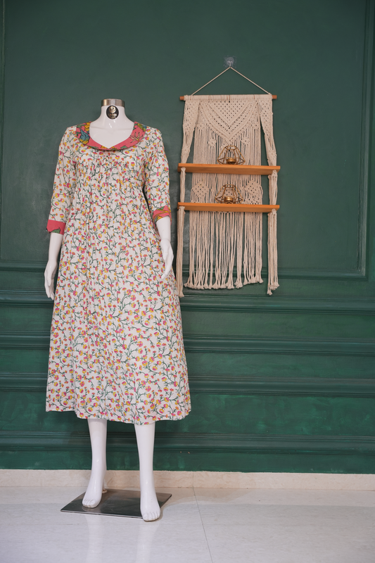 Floral Printed Gathered Cotton Dress – Pink Accent