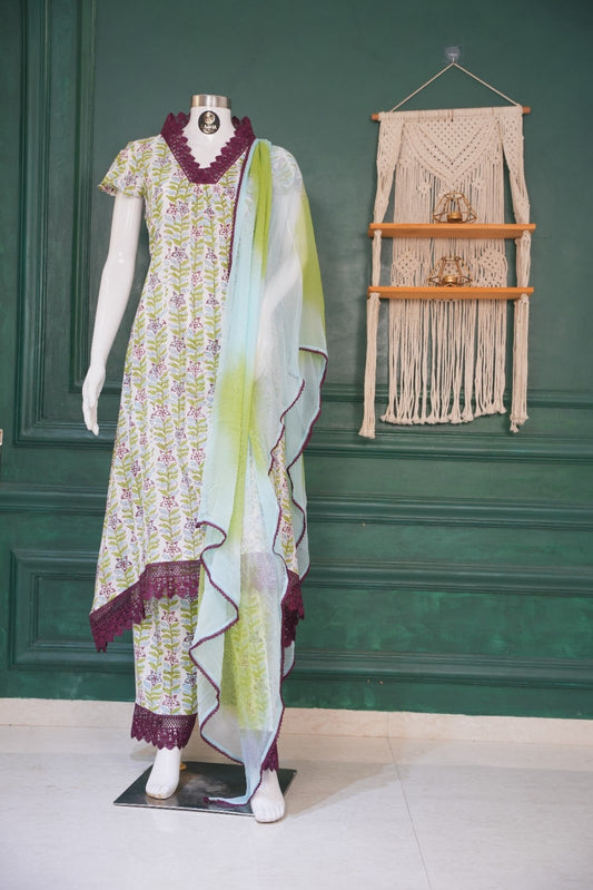 Floral Printed Kurta Set with Lace Detail & Ombre Dupatta